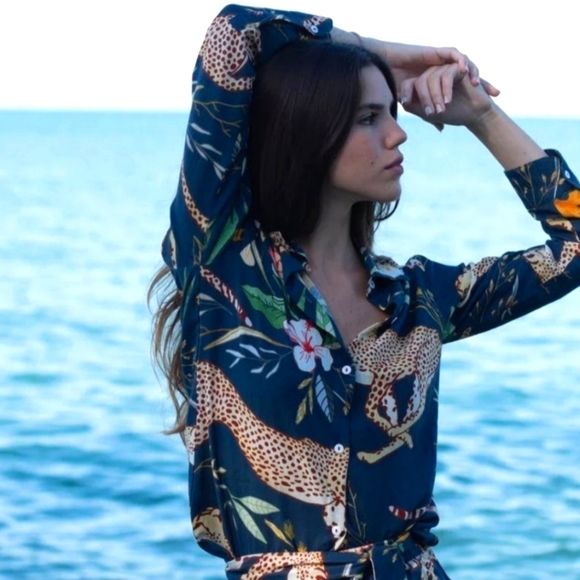 LAS SURENAS Running Cheatah Linen Blend Shirt XS - Picture 1 of 10